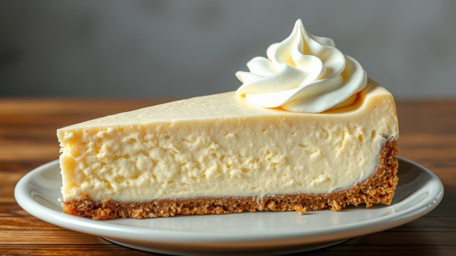 Creamy cheesecake slice on a white plate with whipped cream on top, showcasing delicious dessert presentation